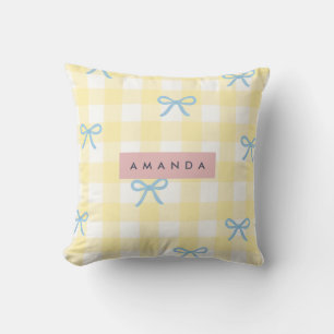 Personalized Yellow Gingham & Blue Bow Pastel Cushion