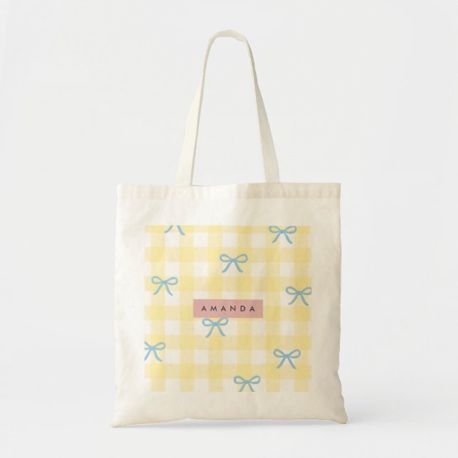 Personalized Yellow Gingham & Blue Bow Pastel  Tote Bag (Front)