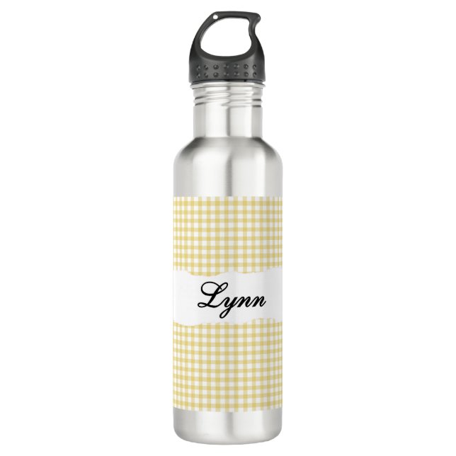 Personalized Yellow Gingham Pattern & Custom Name 710 Ml Water Bottle (Front)