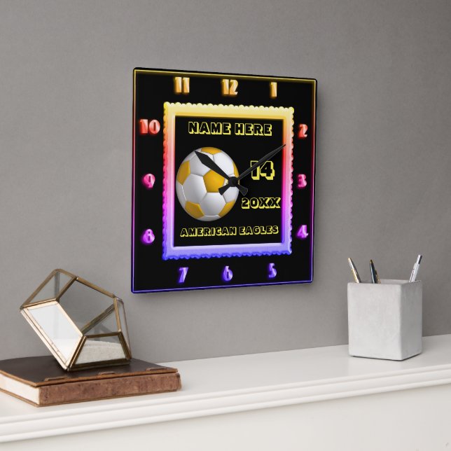 Personalized Yellow Text Soccer square clock (Office)