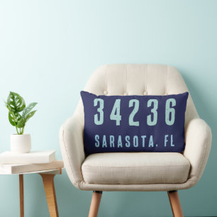 Personalized Zip Code, City, State   Navy Blue Lumbar Cushion