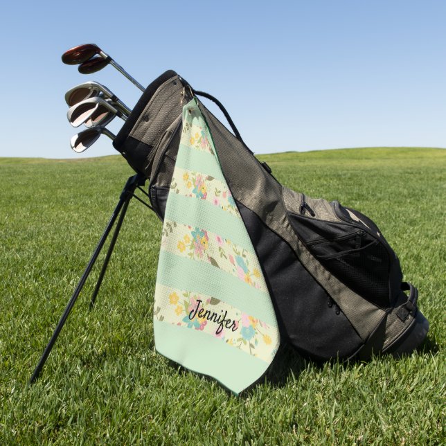 Personalizeed Multicolor Florals w/ Blue Stripes Golf Towel (Green)