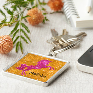 PersonalizePink Glitter Unicorn on Sparkling Gold Key Ring