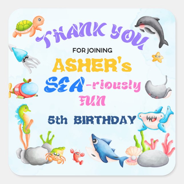 Personalzed Sea-riously Fun Ocean Protector Party Square Sticker (Front)