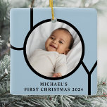 Personilized Baby Boy's Blue First Christmas Photo Ceramic Ornament<br><div class="desc">This stylish Baby Boy's First Christmas Photo Ornament is decorated with the word JOY in black on a blue background.
Easily customisable with your photo,  name,  and year.</div>