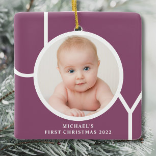 Personilized Baby's First Christmas Purple Photo Ceramic Ornament
