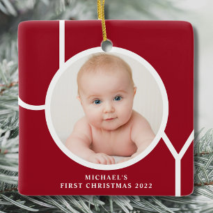 Personilized Baby's First Christmas Red Photo Ceramic Ornament