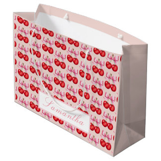 Personilized Cherry-Themed with Pink Bow Accents Large Gift Bag