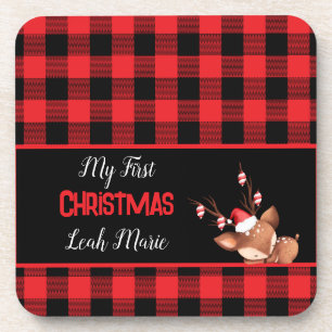 Personised Red Black Buffalo Check w Cute Reindeer Coaster