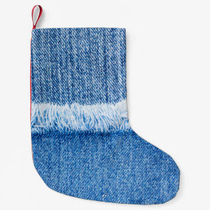 Perspective and closeup view to texture of blue je small christmas stocking