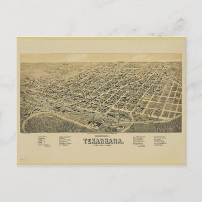 Perspective map of Texarkana Texas and Arkansas Postcard (Front)