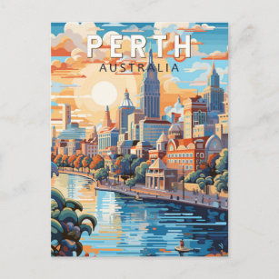 Perth Australia Travel Art Vintage Postcard