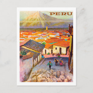 Peru, city roofs under the mountain, vintage postcard