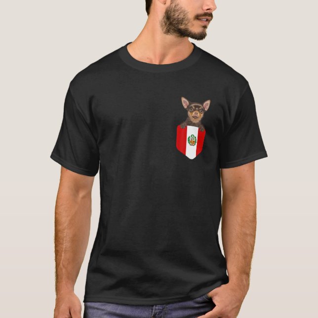 Peru Flag Brown Chihuahua Dog In Pocket T-Shirt (Front)