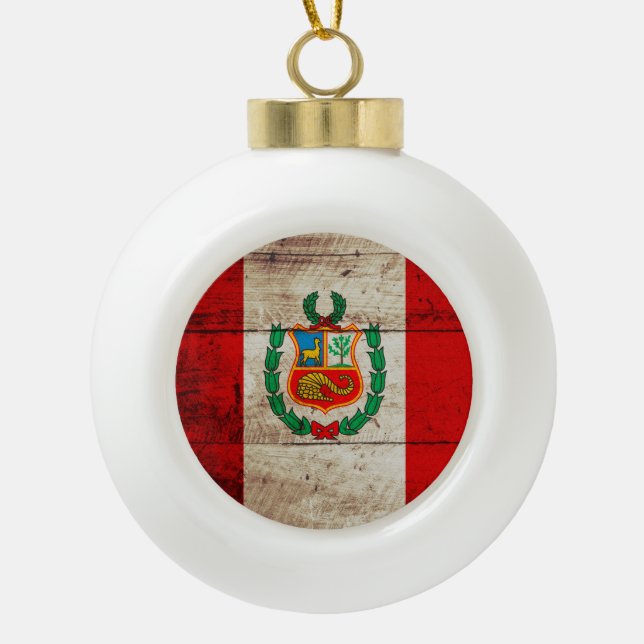 Peru Flag on Old Wood Grain Ceramic Ball Christmas Ornament (Front)