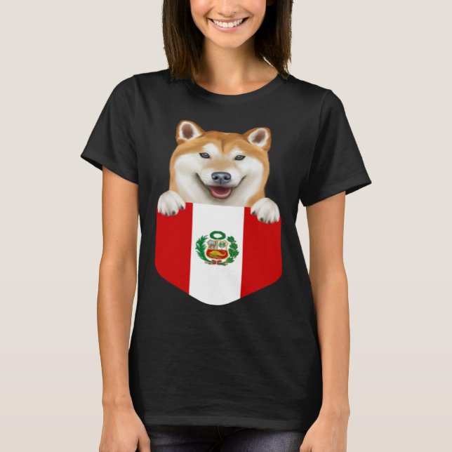 Peru Flag Shiba Inu Dog In Pocket T-Shirt (Front)