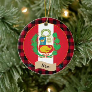Peru, Red buffalo plaid & Peruvian Flag Ceramic Ornament