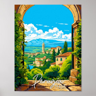 Perugia Italy vintage travel illustration Poster