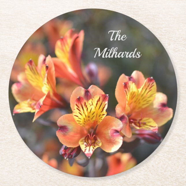 Peruvian Lily Flowers at RHS Garden Monogram Round Paper Coaster (Front)