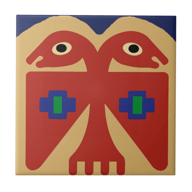 Peruvian Two-Headed Tribal Bird Ceramic Tile (Front)