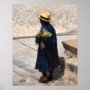 Peruvian Woman Holding Flowers Poster
