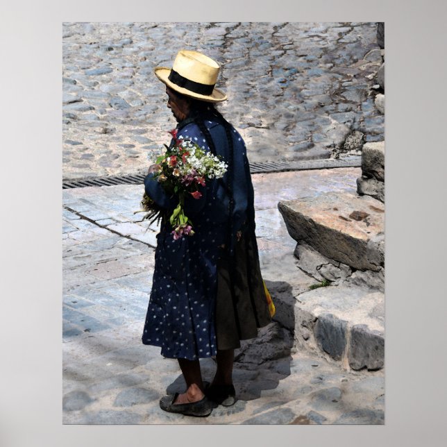 Peruvian Woman Holding Flowers Poster (Front)