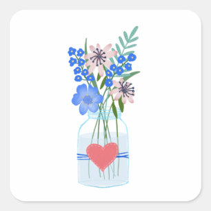Perwinkle Floral Vase Masons Jar Love Heart Square Sticker