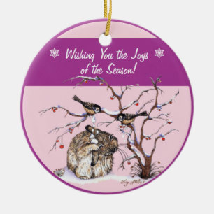 Pesky Snow Birds & Bunny Ceramic Ornament