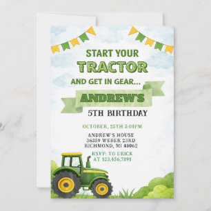 Pesonal Farm Green Tractor Birthday Invitation