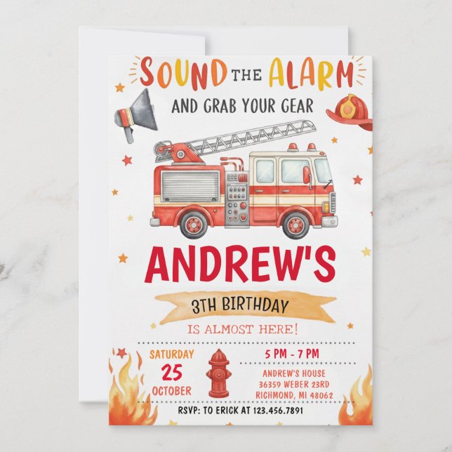Pesonal Fire truck Birthday Party  Invitation (Front)