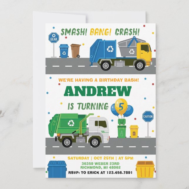 Pesonal Garbage Truck Birthday  Invitation (Front)