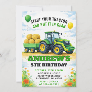 Pesonal Green Farm Green Tractor Birthday Invitation
