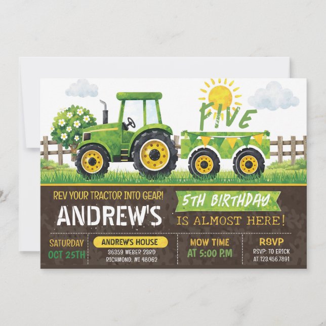 Pesonal Green Tractor Birthday Invitation (Front)
