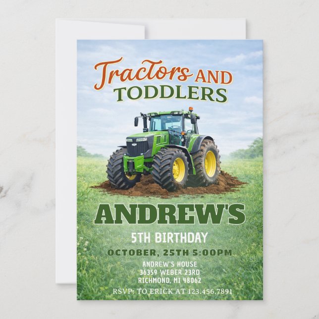 Pesonal Green Tractor Birthday Invitation (Front)