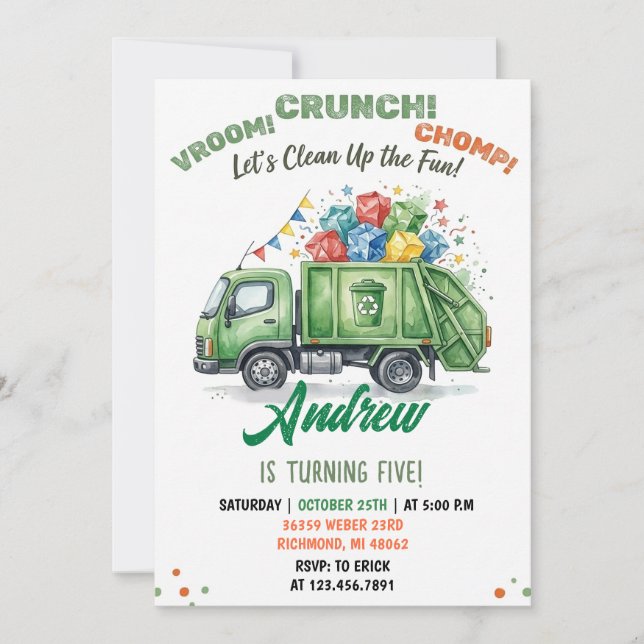 Pesonal Modern Dump Trucks Birthday for kids Invitation (Front)
