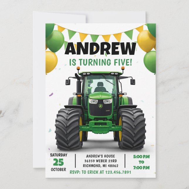 Pesonal Modern Tractor Birthday Invitation (Front)