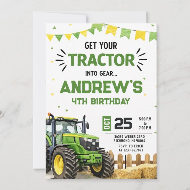 Pesonal Modern Tractor Birthday party Invitation (Front)