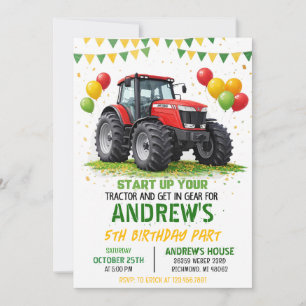 Pesonal Modern Tractor Farm Vehicles Birthday Invitation