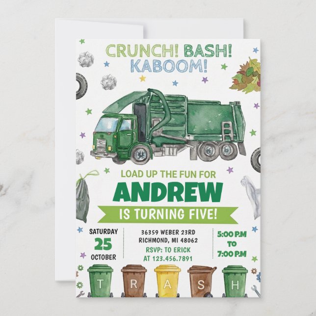 Pesonal Modern Trash Bash Boys Birthday party Invitation (Front)
