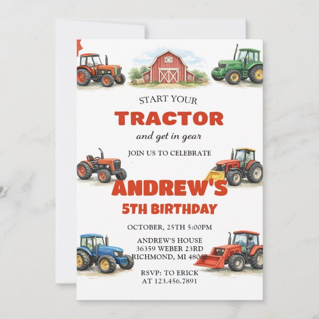 Pesonal Tractor Birthday Farm Party Invitation (Front)