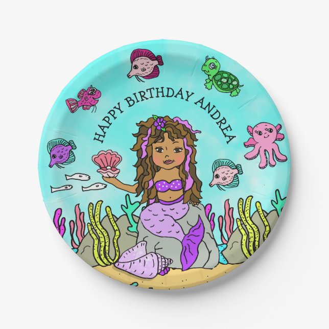 Pesonalized Ethnic Hand darwn  Mermaid Birthday Paper Plate (Front)
