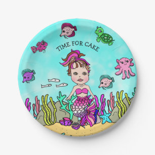 Pesonalized Hand darwn Brunette Mermaid Birthday Paper Plate