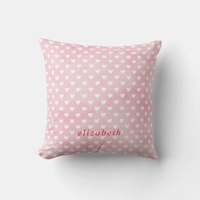 Pesonalized White Hearts on Pink Cushion (Front)