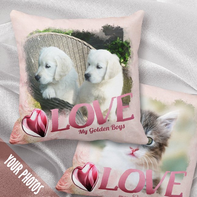 Pet 1+1 Photo Keepsake, Pink Frame, Heart & Love - Cushion (Creator Uploaded)