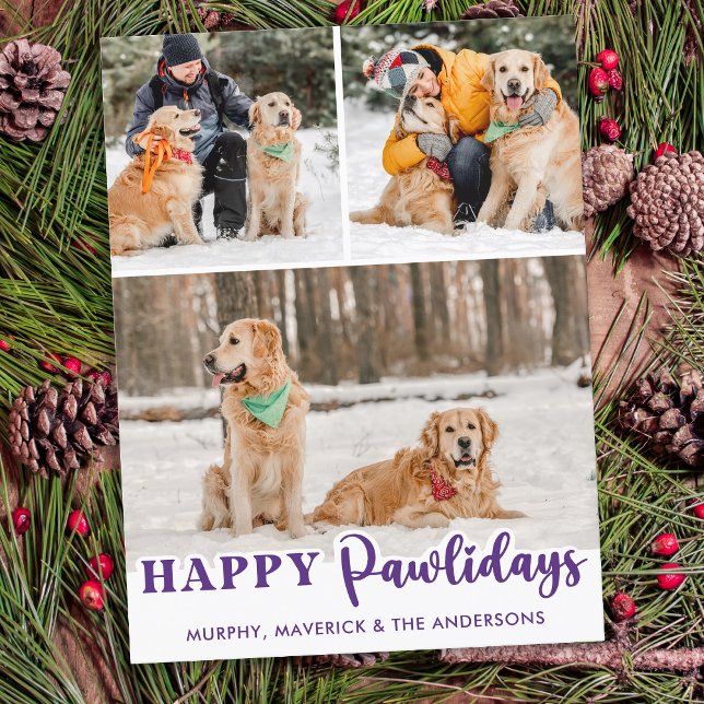 Pet 3 Photo Dog Lover Personalized Happy Pawlidays Holiday Postcard (Creator Uploaded)