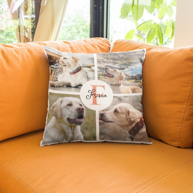 Pet  4 Photo Collage Name Dog Monogram  Cushion (Creator Uploaded)