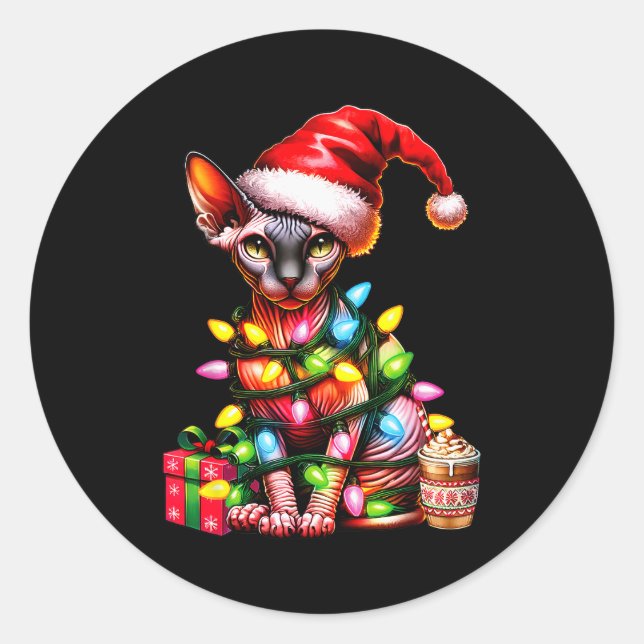 Pet Animal Lovers Cute Sphynx Cat Reindeer Antlers Classic Round Sticker (Front)