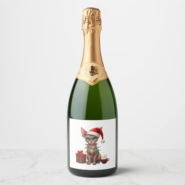 Pet Animal Lovers Cute Sphynx cat Reindeer Antlers Sparkling Wine Label (Front)