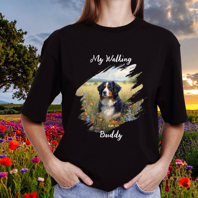 Pet Bernese Walking Buddy Black Personalise T-Shirt (Elegant Bernese Mountain Dog shirt, personalize, edit the wording)