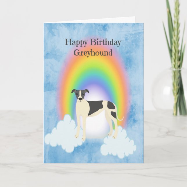 Pet Birthday Card for a Greyhound with Rainbow (Front)